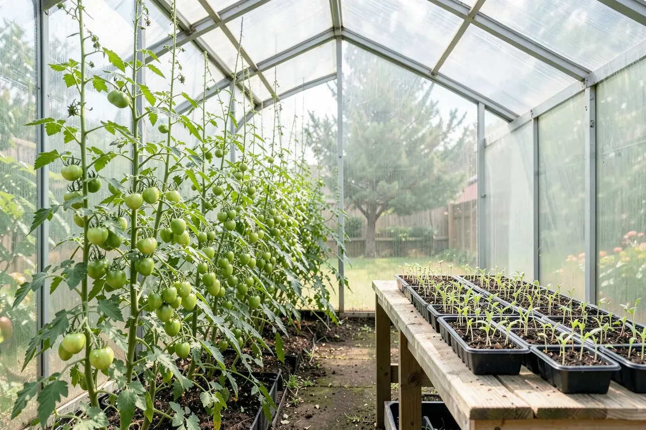 Greenhouse growing: staked tomatoes and a seedling table inside a garden greenhouse